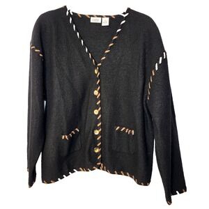 Lucia Black Wool Button Front Cardigan Sweater Tan Whip Stitch Trim Pockets XL